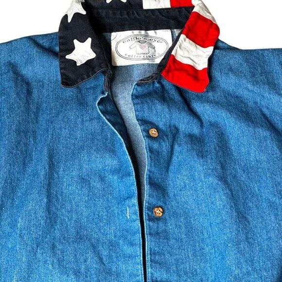 Vintage 90s Stars & Stripes Denim Shirt Patriotic Flag‎ Collar USA Men's L - Picture 3 of 6